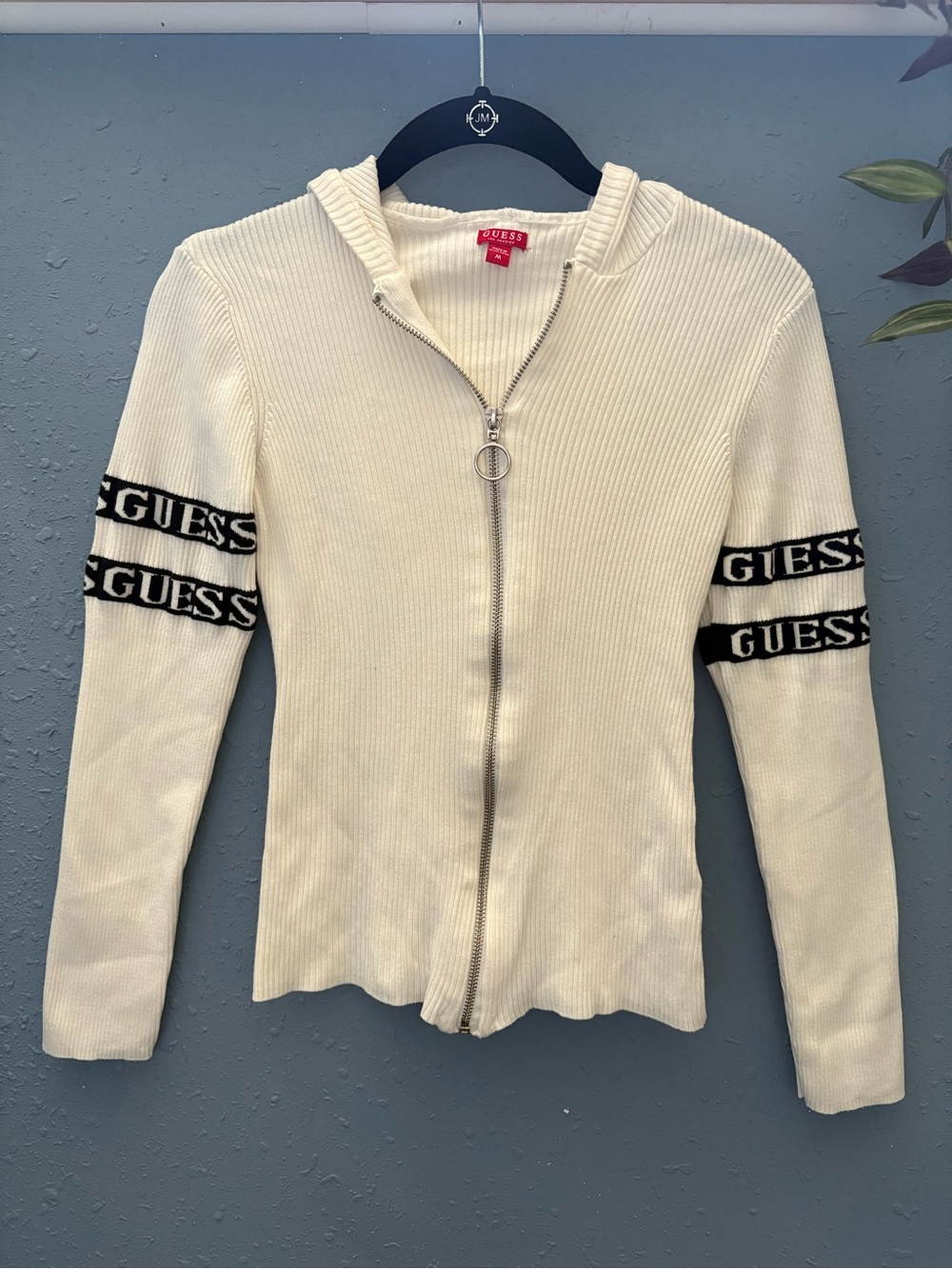 GUESS Cream Ribbed Zip Hoodie with Black Logo Stripes